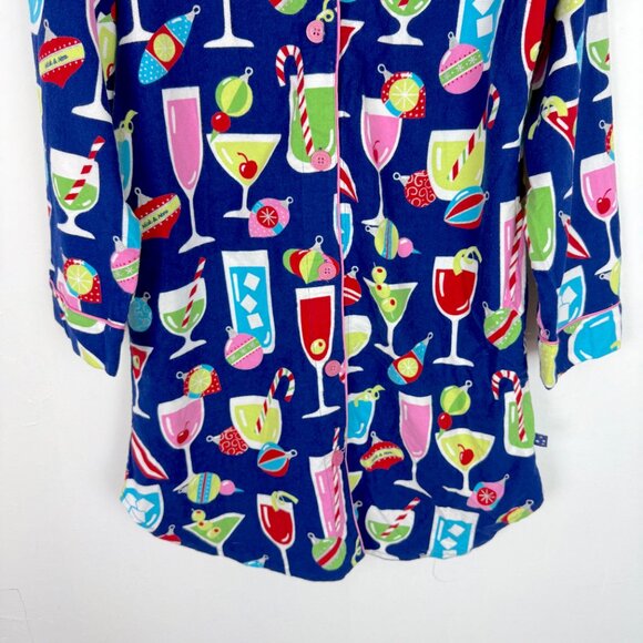 Nick & Nora Christmas Cocktails Flannel Sleep Shirt Size Medium M EUC - Picture 3 of 8